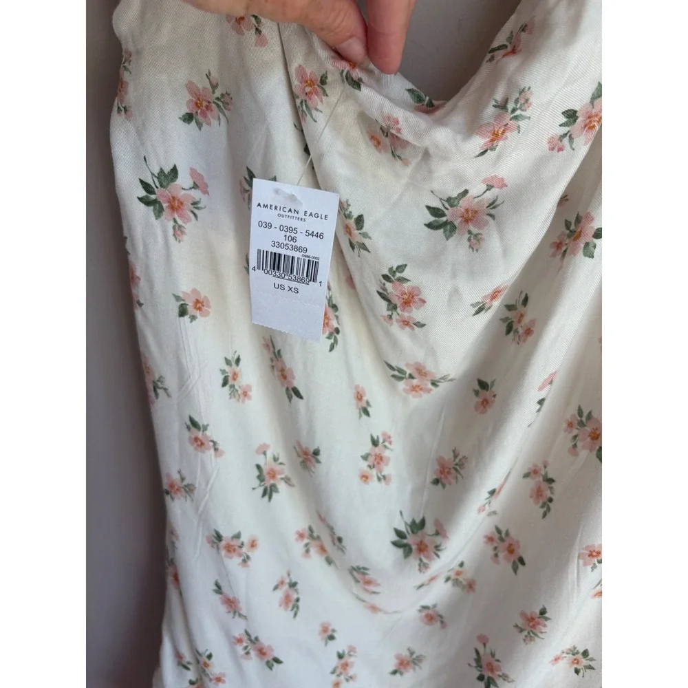American Eagle Floral Halter Mini Dress XS Cream Pink Cowl Neck Viscose NWT - Picture 5 of 10